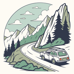 Vintage style illustration of a white station wagon driving on a winding mountain road surrounded by pine trees and majestic peaks under a cloudy sky