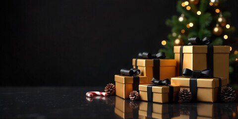 A group of wrapped gift boxes and a Christmas tree on dark background, The boxes are golden, black bows, small pine cones, candy canes. The Christmas tree is decorated with lights and ornaments.