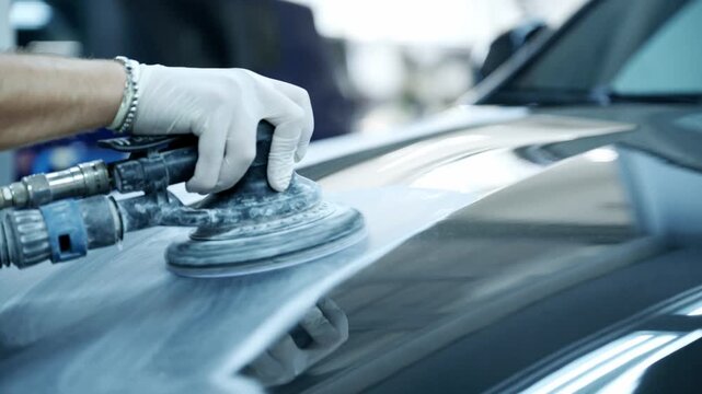 Close-up of a mechanic's gloved hand using a power sander on a car hood, preparing the surface for painting in a professional auto body shop