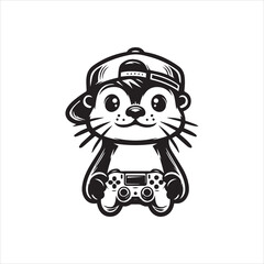 Cute Otter in a Cap Holding a Video Game Controller.