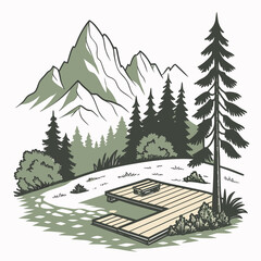 A serene mountain landscape illustration featuring a wooden deck with a bench in a forest setting with pine trees and rolling hills