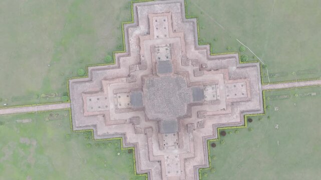 Aerial drone view of Vikramshila University ruins in Bihar, India. Ancient Buddhist learning center showcasing symmetrical monastery layout, historic architecture, and archaeological heritage from abo