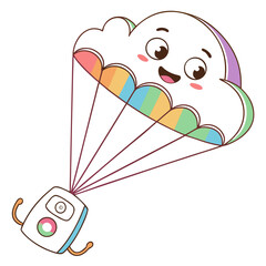 Cute cartoon cloud character with a colorful parachute and a friendly robot descending