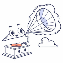 Cute cartoon cloud character playing music from a vintage record player with a horn emitting sound waves into the sky
