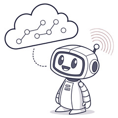 Cute cartoon robot connecting to a cloud with a digital network inside representing cloud computing and artificial intelligence