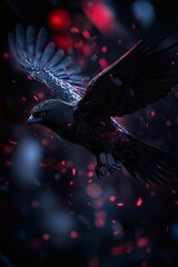 Raven in flight amidst red confetti
