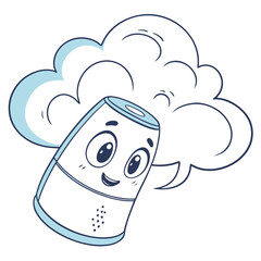 Cute cartoon smart speaker character with a happy expression and a speech bubble representing voice assistant technology and communication