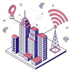 Isometric illustration of a modern city skyline with communication towers and wireless signals connecting buildings and a location pin