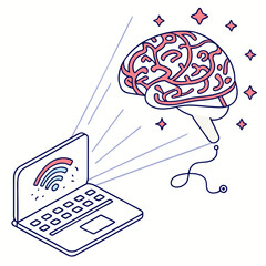 Conceptual illustration of a laptop connected to a stylized human brain symbolizing artificial intelligence learning and digital connectivity