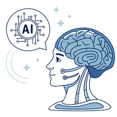 Artificial intelligence concept with a stylized human head showing a robotic brain and a speech bubble with ai symbol and circuits