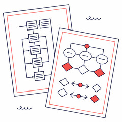 Business process flowcharts and diagrams displayed on paper sheets with simple hand drawn elements and red borders