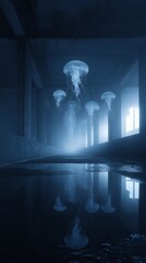 Ethereal jellyfish float through an abandoned industrial space.