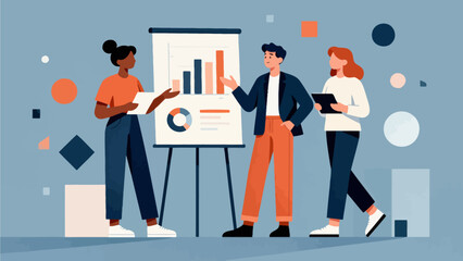 Three people discussing charts on presentation board