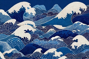 Illustrative waves in various shades of blue, with white crests. 