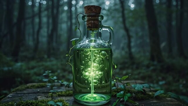 Glowing green potion in a glass bottle in a forest setting.