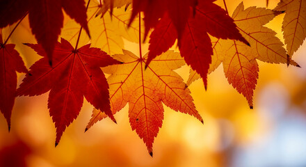 Close-up of red and orange maple leaves, showcasing vibrant autumn colors and intricate leaf veins, symbolizing seasonal change and natural beauty