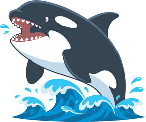 Fototapeta premium Cartoon orca jumping out of the ocean waves with its mouth open, showing its teeth.