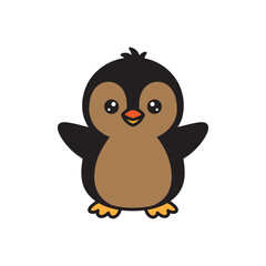 cute cartoon penguin character – black and brown bird with orange beak and feet, expressive eyes, standing pose, vector.