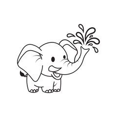  cute cartoon elephant spraying water with trunk in black and white line art style for coloring pages and kids books.