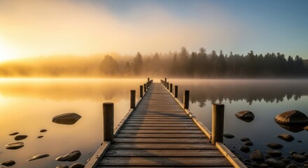 Serene wooden pier extends into misty lake at sunrise with tranquil forest backdrop