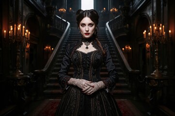 Gothic vampire aristocrat in ornate Victorian coat illuminated by candlelit hall