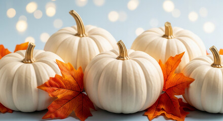 Close-up of several creamy white pumpkins, adorned with orange autumn leaves, set against a soft blue bokeh background, showcasing an autumnal harvest scene