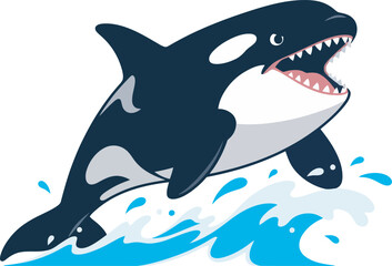 Obraz premium Cartoon orca jumping out of the water with mouth open, showing teeth and splashing water.