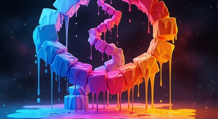 Vibrant Pixelated Heart Melting into Liquid Rainbow Colors on a Dark Background