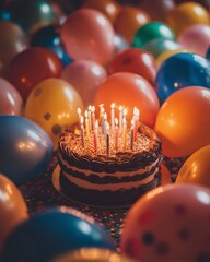 Celebratory cake with candles amidst a colorful balloon arrangement.