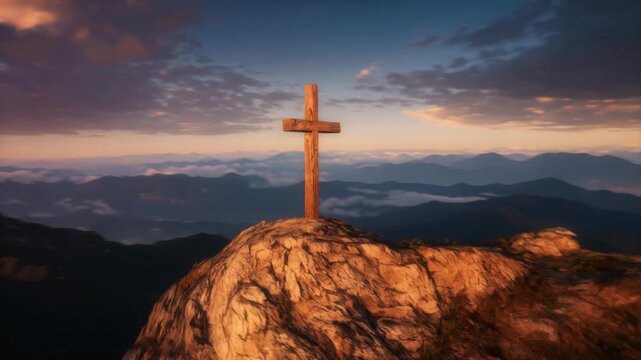 Moving drone shot circling a wooden cross on a high mountain peak at sunset