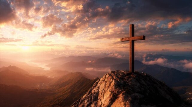 Wooden cross standing proudly on a mountain peak at a majestic sunset.