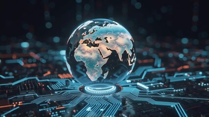 Digital globe on a circuit board, representing global technology and connectivity. - Powered by Adobe