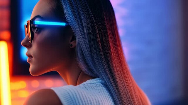 Futuristic neon fashion in urban nightlife setting
