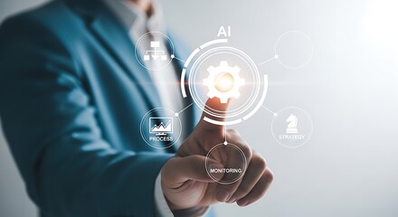 Business person touching a glowing gear icon with ai and technology icons in the background