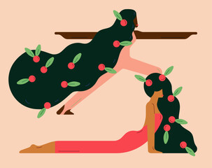 Two women doing yoga vector Illustration. Yoga poses for two women flat vector. Healthy Lifestyle: Two Women Yoga Illustration. Wellness and Fitness: Two Women Yoga Vector. 