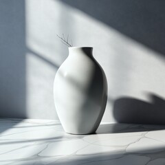 Minimalist vase with branch casting shadows on a textured background.