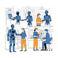Robots and Humans Working Together Illustration