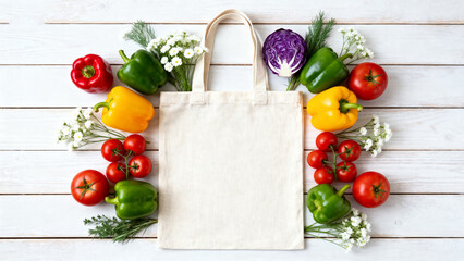 Fresh vegetables arranged around canvas bag