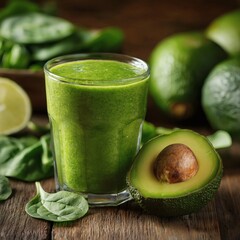 Green Smoothie with Avocado and Spinach on a Wooden Surface