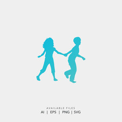 Obraz premium Children holding hands silhouette vector logo for daycare, Playful boy and girl silhouette team unity icon gradient, Modern kids education logo 