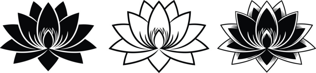 Three stylized lotus flower designs in black and white, showcasing solid, outline, and mixed petal styles for symbolic vector themes