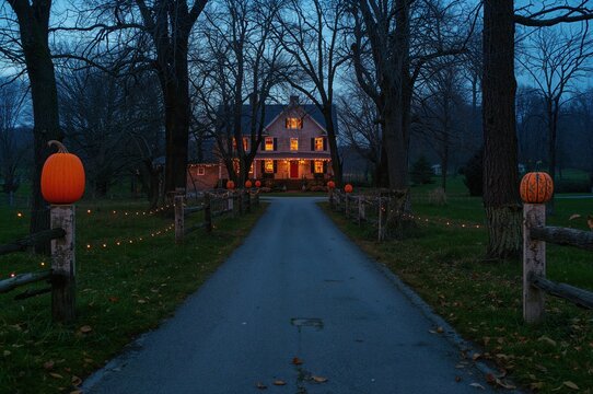 Country road lined with pumpkins leads warmly toward glowing golden farmhouse windows