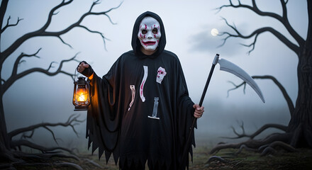 A person in a grim reaper costume with a mask, holding a lantern and a scythe in a foggy, spooky forest.