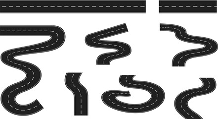 Collection of curved road and highway vector illustrations with bends, turns, asphalt street pathways, transportation route design for traffic maps
