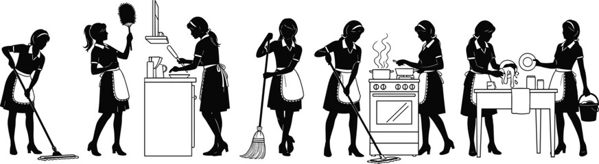 Women Performing Household Chores – Vector Silhouettes of Domestic Tasks Including Cleaning, Cooking, Washing, Scrubbing, and Home Maintenance Activities