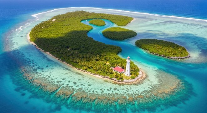 Lush green island paradise with lighthouse surrounded by vibrant coral reefs - Powered by Adobe