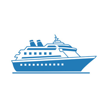 Blue illustration of a cruise ship sailing on the water, showing its side profile.