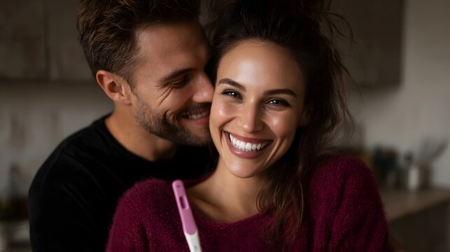 A joyful couple embracing and smiling with a positive pregnancy test in a warm and cozy home interior setting