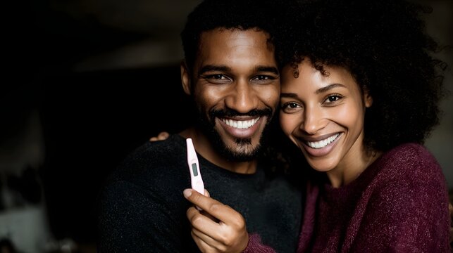 A happy Black couple shares good news holding a positive pregnancy test - Powered by Adobe
