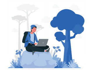 Businessman sitting in the office, holding a laptop and working with cloud technology